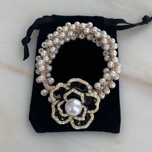 Camellia Flower Hair Tie with Faux Pearls – Black Enamel & Golden Charm